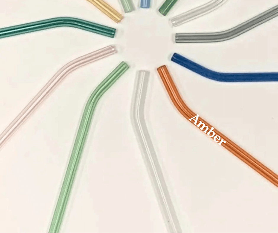 Set of colorful glass straws on a light background with 'Amber' straw highlighted.