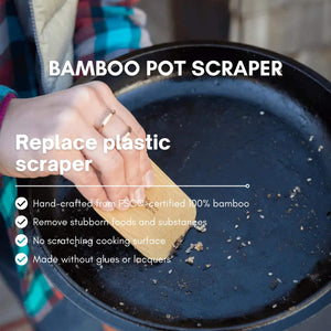 Person using a bamboo pot scraper on a black pot with text highlighting features.