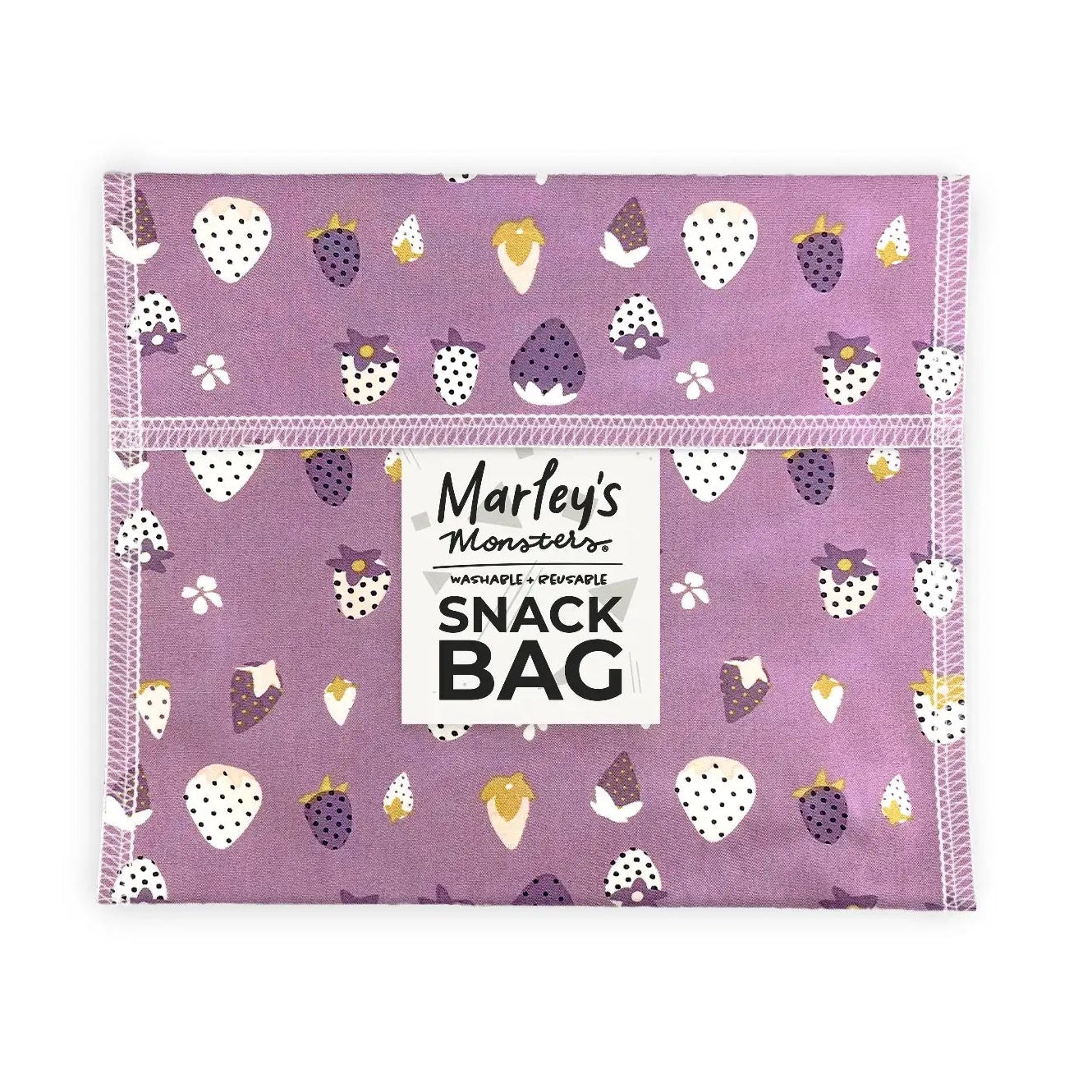 Purple snack bag with fruit pattern and 'Marley's Monsters' branding on a white background