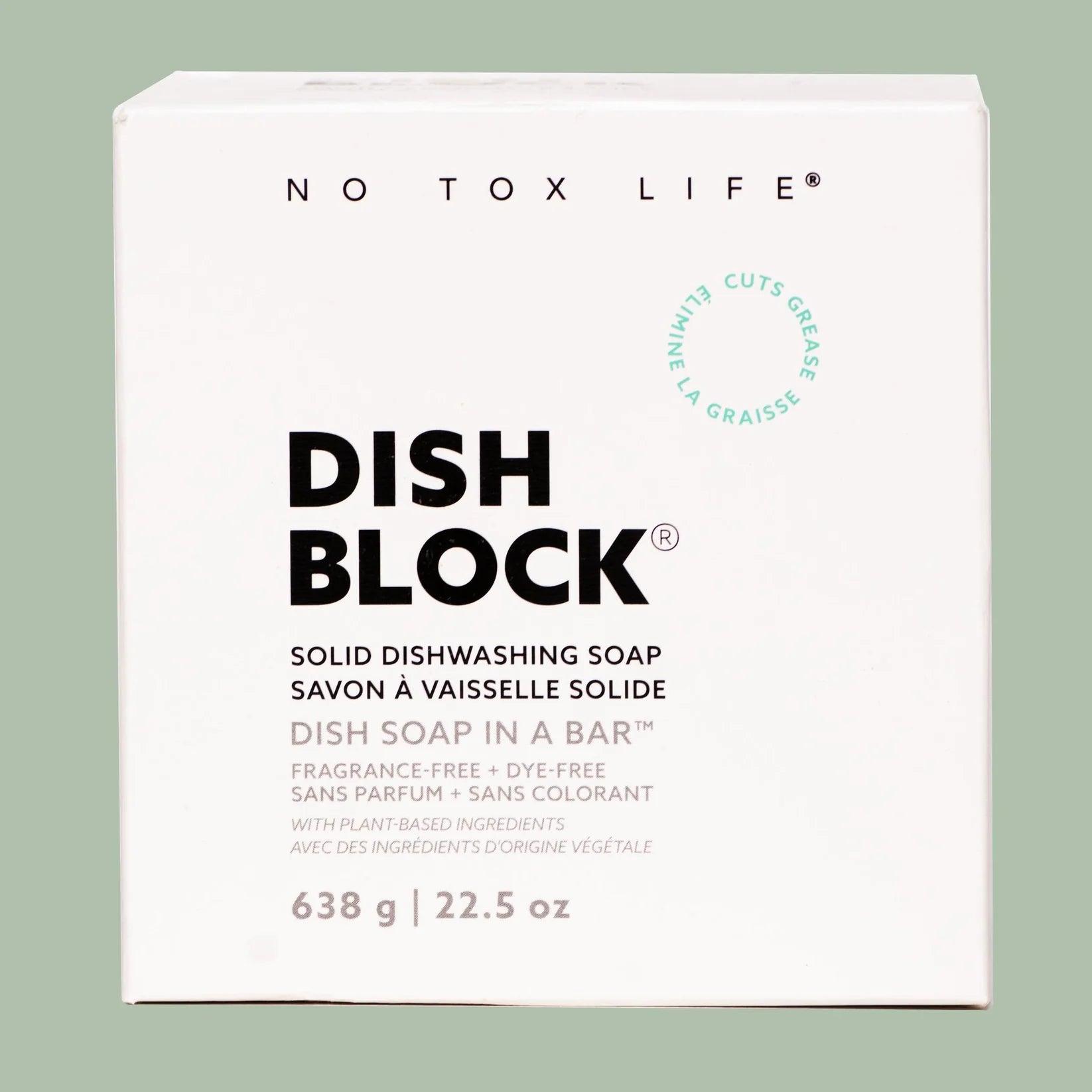 NO TOX LIFE Dish Block solid dishwashing soap packaging on a light green background