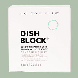 NO TOX LIFE Dish Block solid dishwashing soap packaging on a light green background
