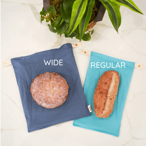Two reusable bread bags labeled 'Wide' and 'Regular' on a light surface.