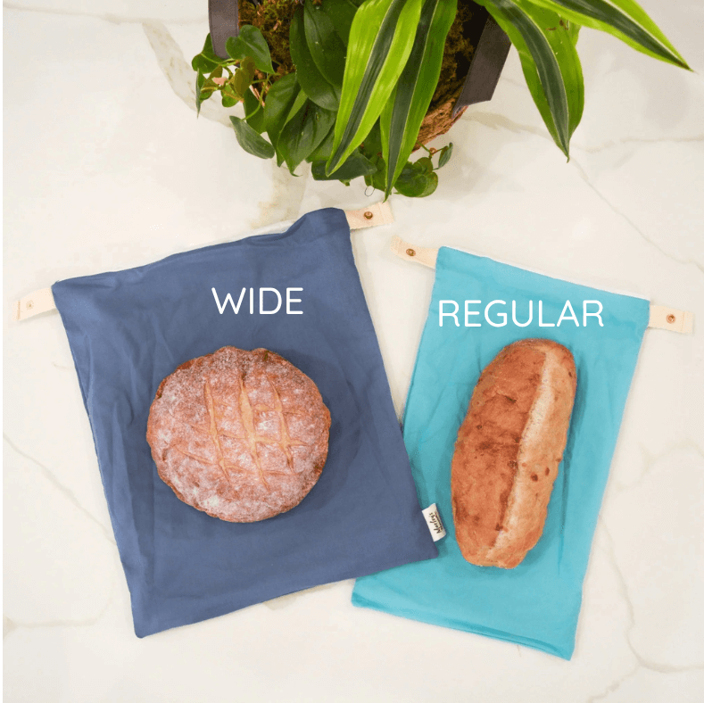 Two reusable bread bags labeled 'Wide' and 'Regular' on a light surface.