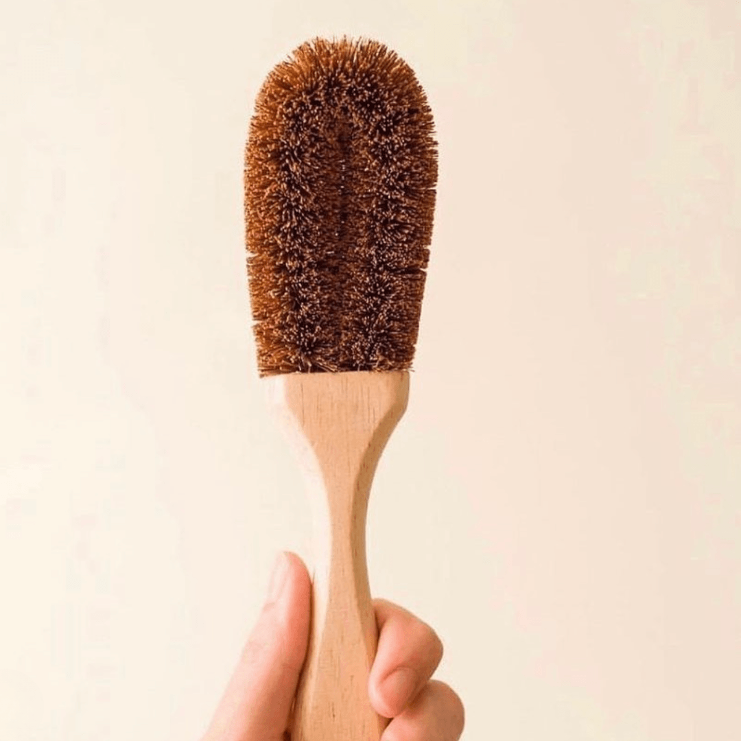 Left hand holding a dish brush with a wooden handle and Coconut husk bristles 
