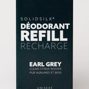 SolidSilk deodorant refill packaging with 'Earl Grey' scent on a white background