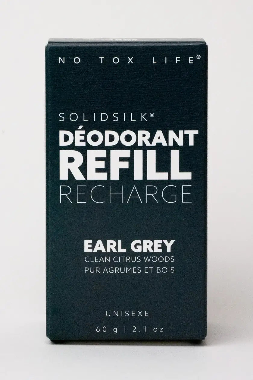 SolidSilk deodorant refill packaging with 'Earl Grey' scent on a white background
