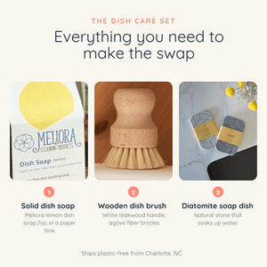 A promotional graphic for a dish care set showing three included items: a box of Melora lemon dish soap, a wooden dish brush with beige bristles, and a gray and yellow Diatomite soap dish. The layout includes numbered callouts and descriptive text on a light gray background.