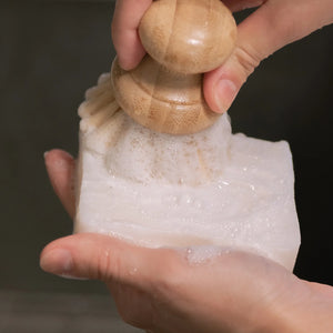 Hand holding a wooden dish brush over a sudsy dish block