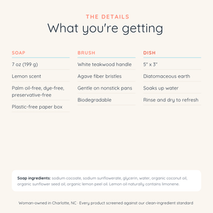 An informational graphic titled 'The Details What you're getting' on a light beige background, listing product details such as soap quantity, brush materials, dish soaking time, and soap ingredients in a clean table layout.