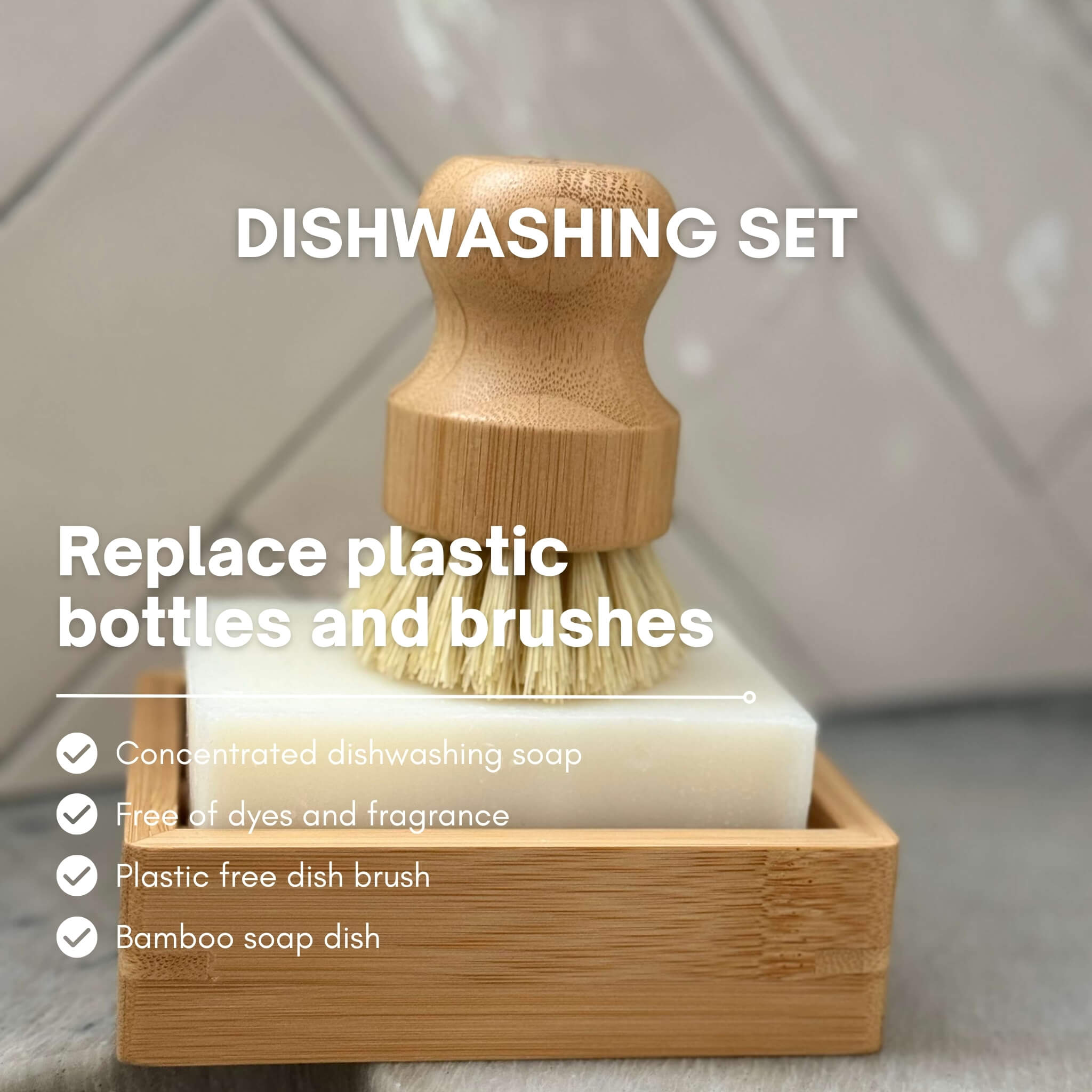 Dishwashing set with wooden brush, soap bar, and soap dish on a neutral background