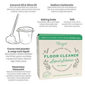 Floor cleaner product with ingredients and benefits listed on a white background