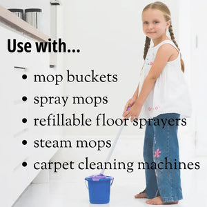 Child holding a mop with text listing compatible cleaning tools on a white background