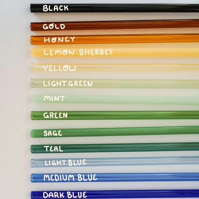 Color glass straws with labeled colors on a white background