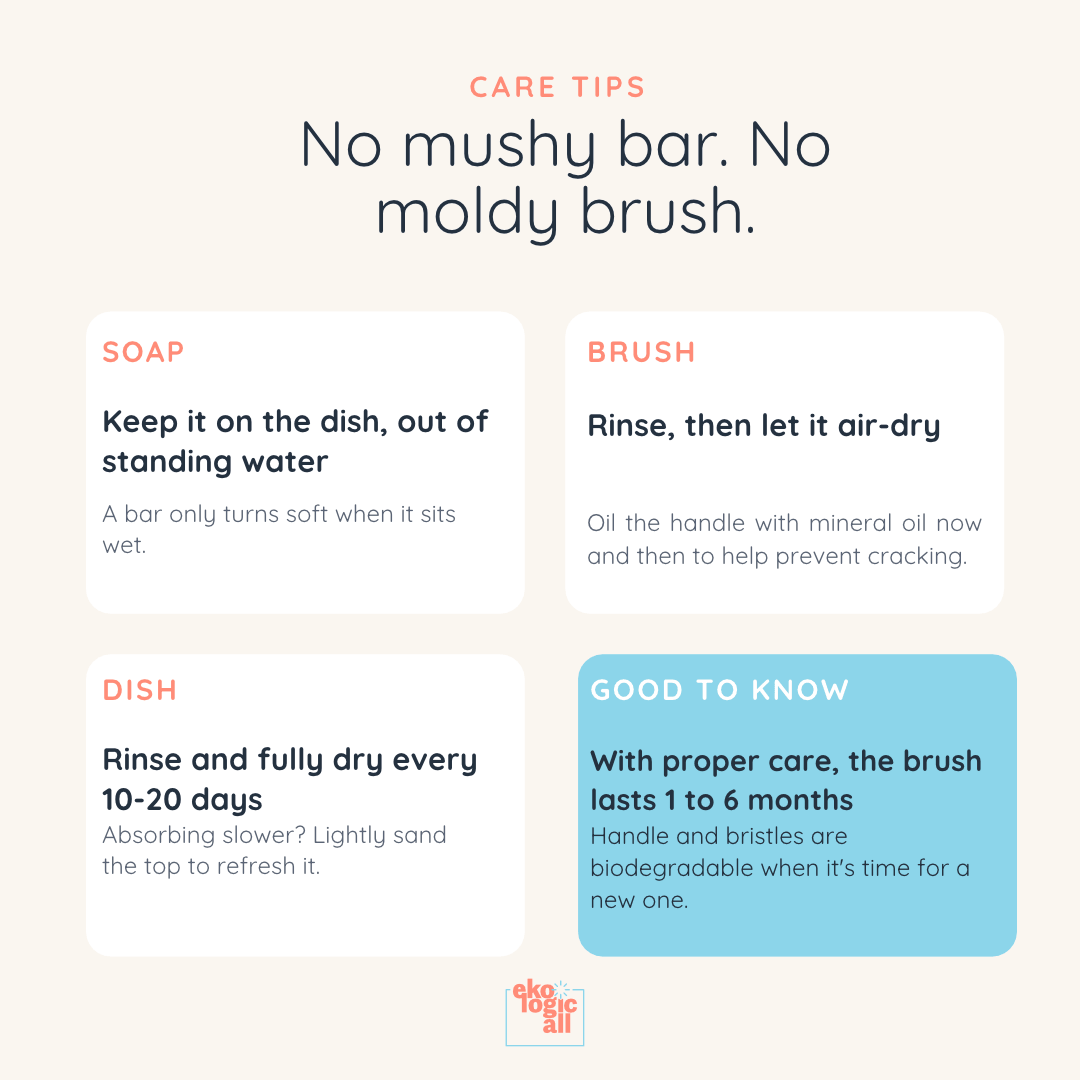 An infographic titled 'Care Tips' with the headline 'No mushy bar. No moldy brush.
