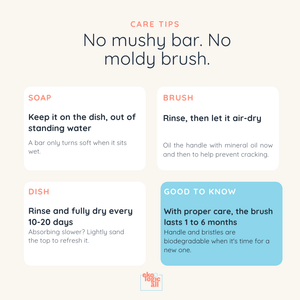 An infographic titled 'Care Tips' with the headline 'No mushy bar. No moldy brush.