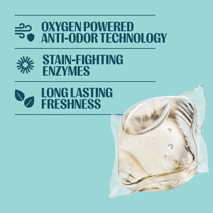 A product information graphic on a light aqua background with text reading 'OXYGEN POWERED ANTI-ODOR TECHNOLOGY,' 'STAIN-FIGHTING ENZYMES,' and 'LONG LASTING FRESHNESS,' alongside a clear square sachet containing a pale yellow liquid.
