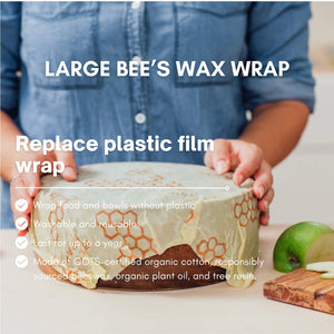 Person holding a large bee's wax wrap with text highlighting its benefits.