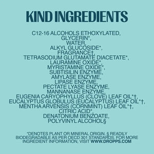 A text-based ingredient list graphic on a light aqua background, headed 'KIND INGREDIENTS' in large dark blue letters. 