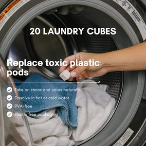 Hand placing a laundry cube into a washing machine with text highlighting features and benefits.