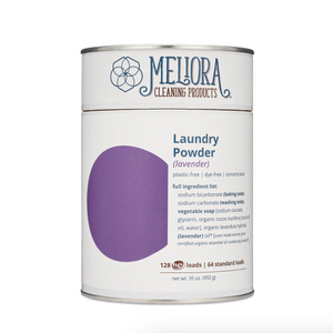 Meliora laundry powder canister with lavender scent on a white background