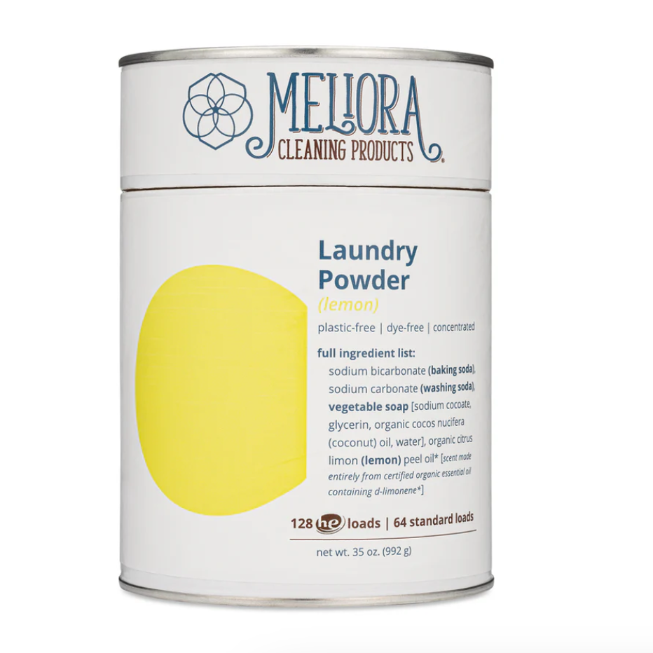 Meliora laundry powder canister with a yellow circle on a white background