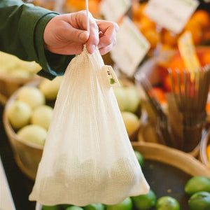 Hand holding a reusable mesh bag over a produce section with fruits and vegetables.