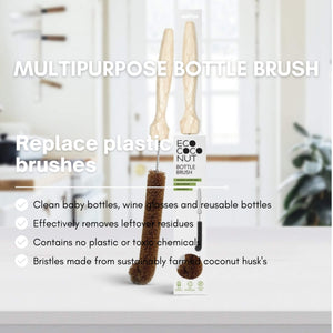 Eco-friendly bottle brush with text highlighting its features on a blurred kitchen background
