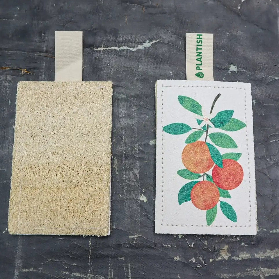Two plant-based sponges on a textured dark surface