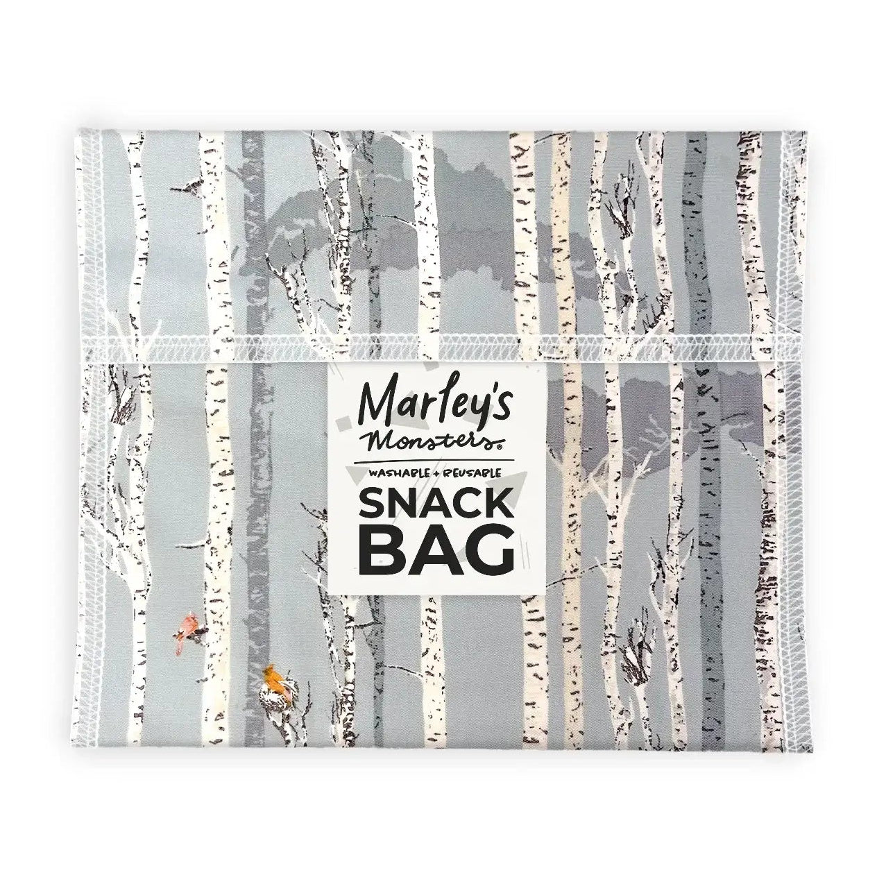 Snack bag with birch tree design and 'Marley's Monsters' branding on a white background