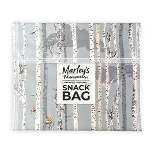 Snack bag with birch tree design and 'Marley's Monsters' branding on a white background