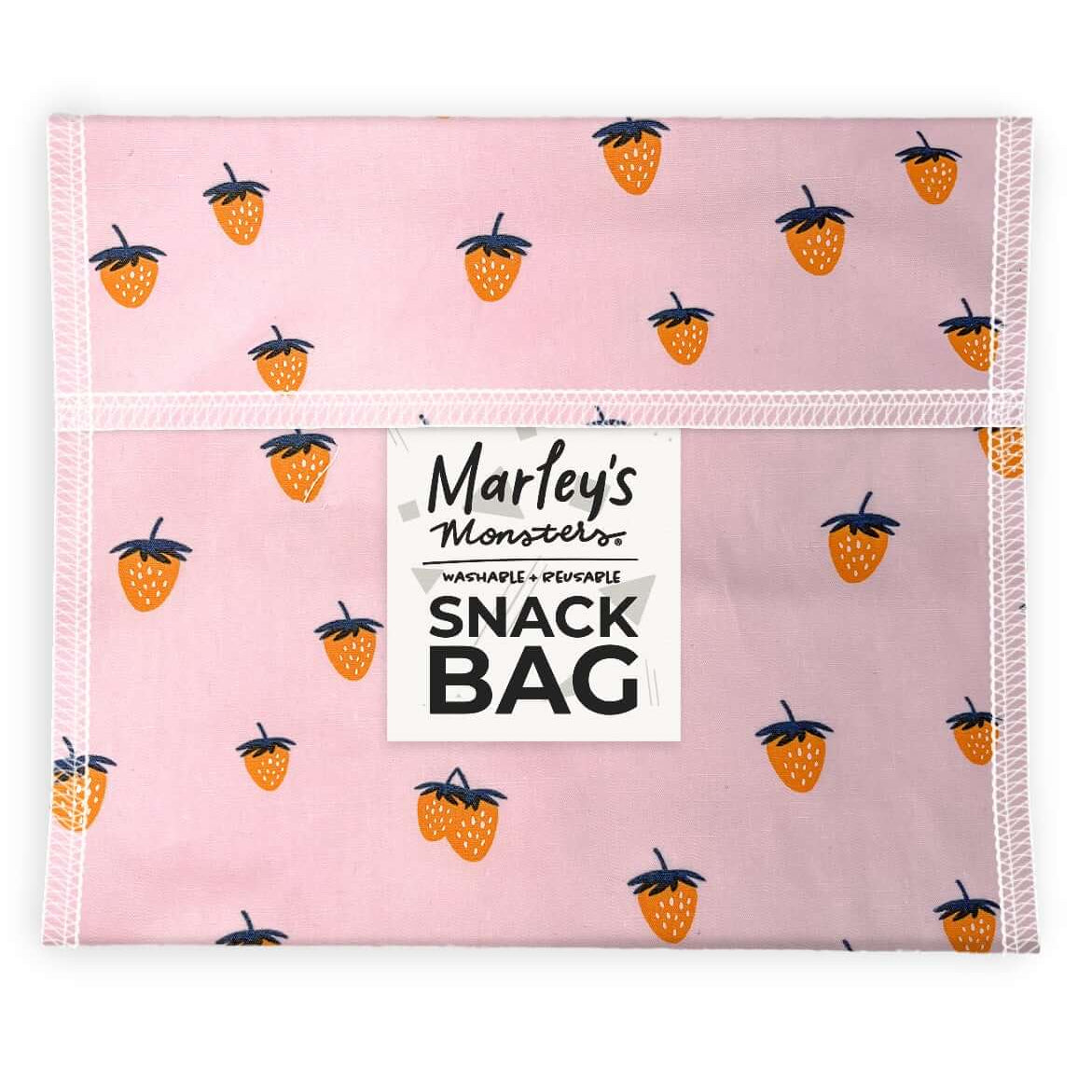 Pink snack bag with black and orange designs on a white background
