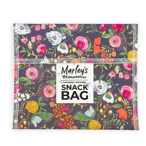 Floral-patterned snack bag with 'Marley's Monsters' branding on a white background