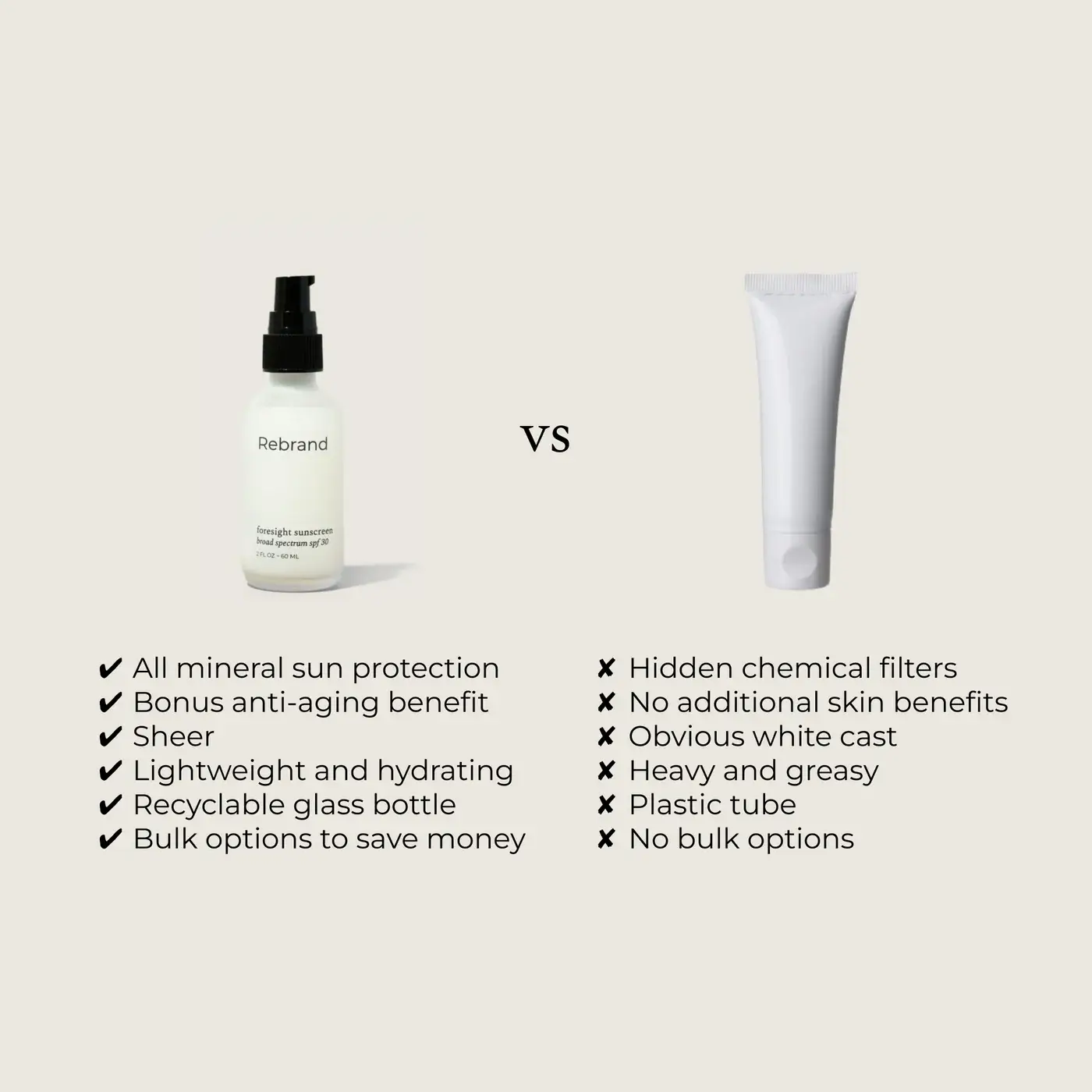 Comparison chart of a mineral sun protection product and a tube of sunscreen with pros and cons listed.