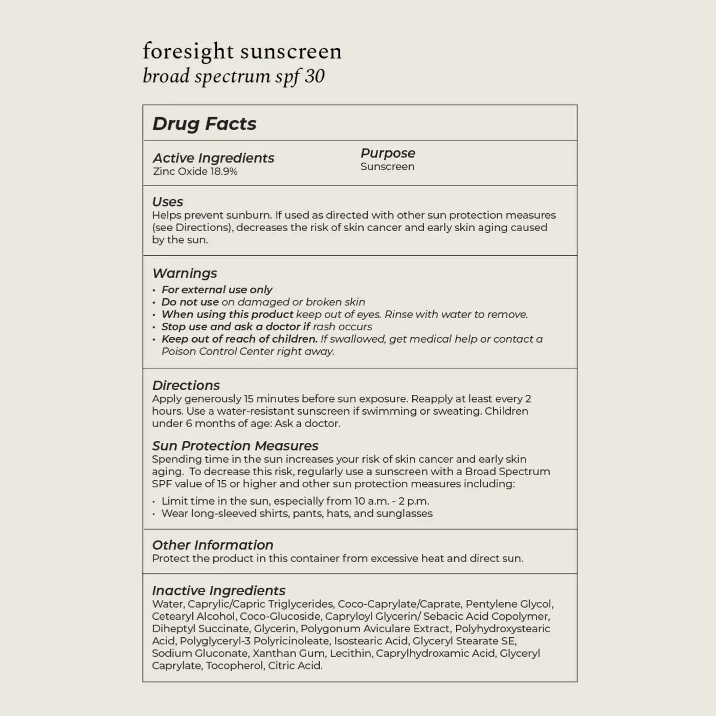 Foresight Sunscreen label with drug facts on a white background
