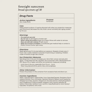 Foresight Sunscreen label with drug facts on a white background