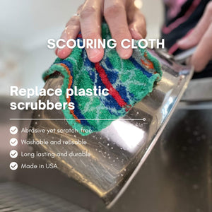 Scouring cloth being used on a stainless steel pot with text highlighting its features.