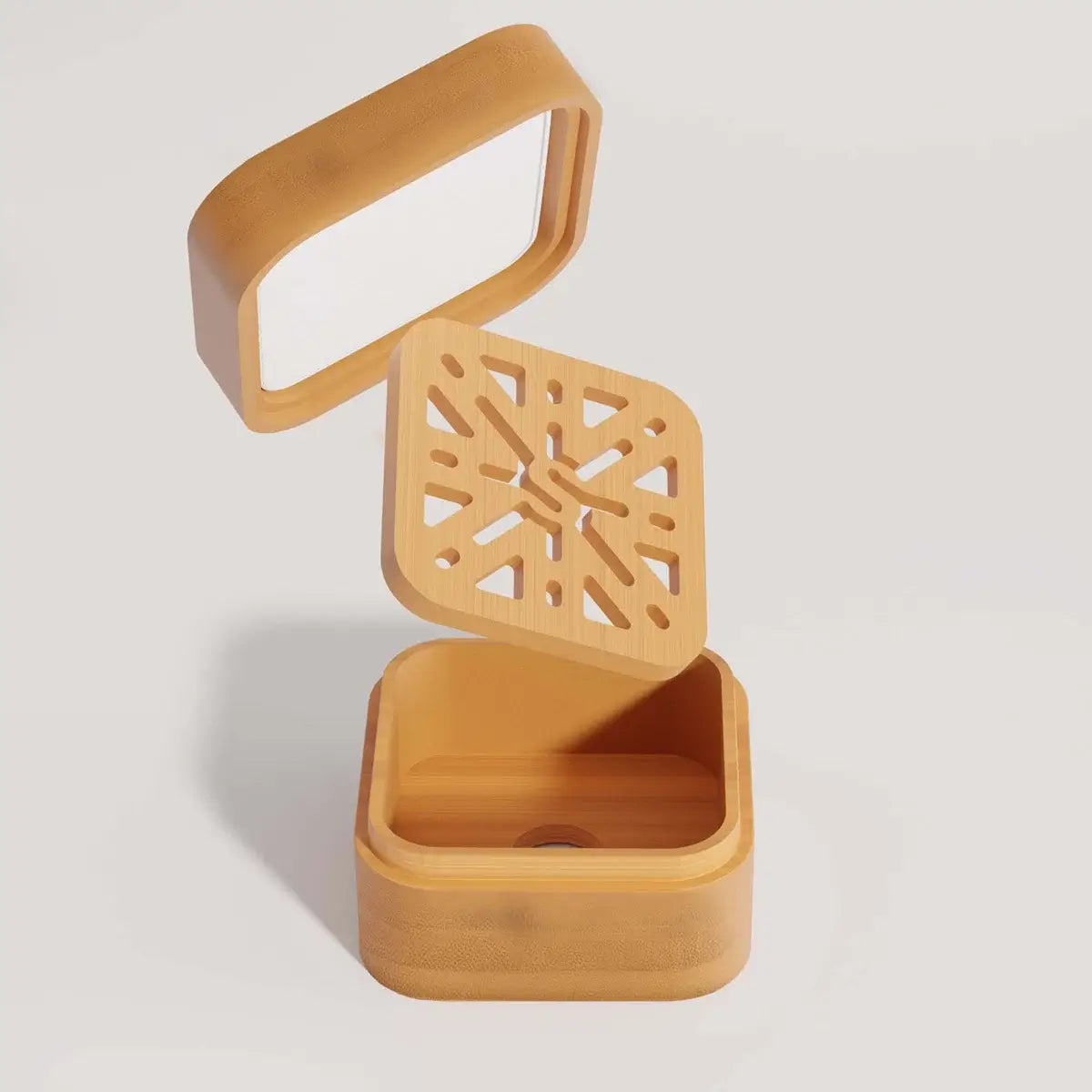Wooden box with a geometric lid on a light gray background