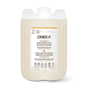 A large jug of ONEKA Nourishing Shower Gel & Hand Soap in a light beige/cream color, featuring a white label with orange and black text, on a clean white background.