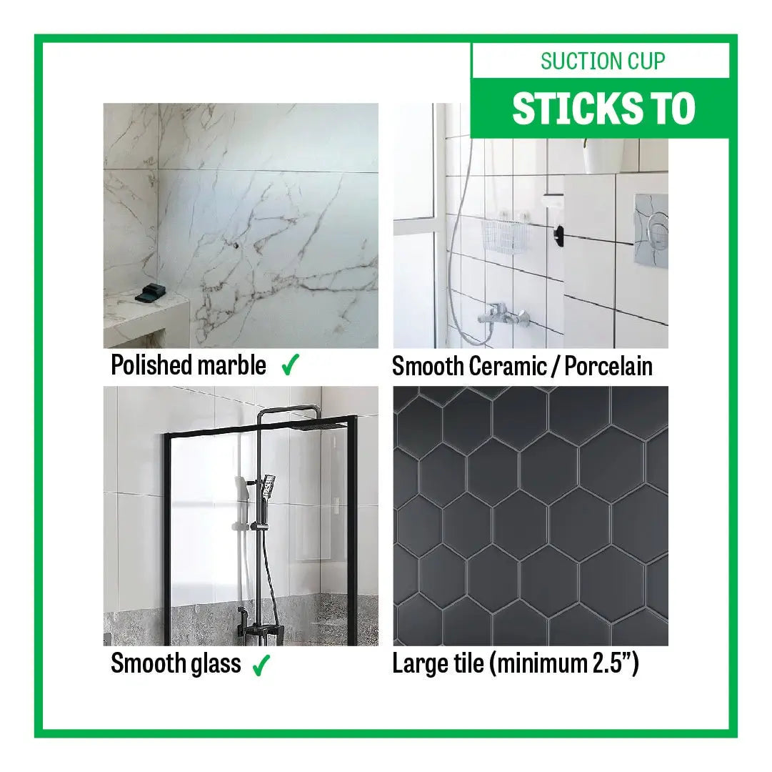 Product advertisement showing suitability for polished marble, smooth ceramic, glass, and large tiles.