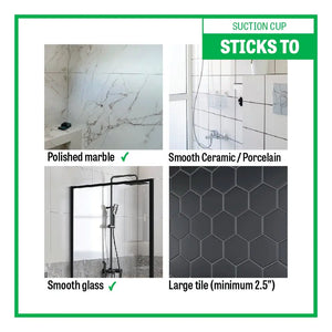 Product advertisement showing suitability for polished marble, smooth ceramic, glass, and large tiles.