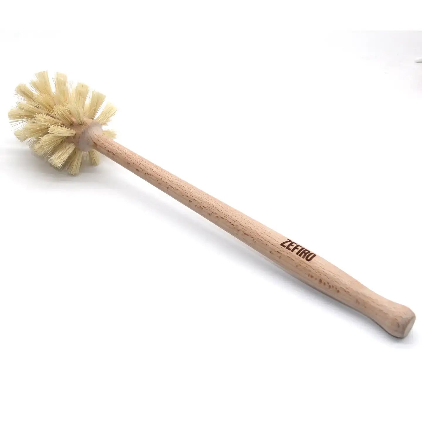Toilet brush with wooden handle and natural bristles on a white background
