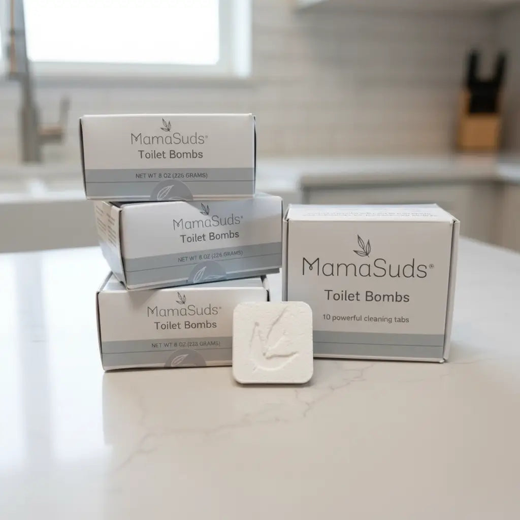 MamaSuds Toilet Bombs packaging on a kitchen counter