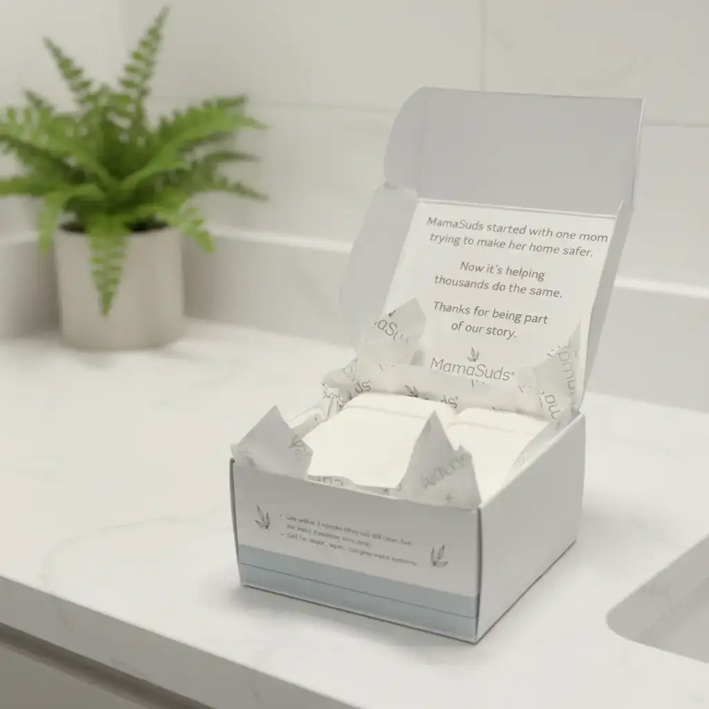 MamaSuds Toilet Bombs in a box with a plant in the background