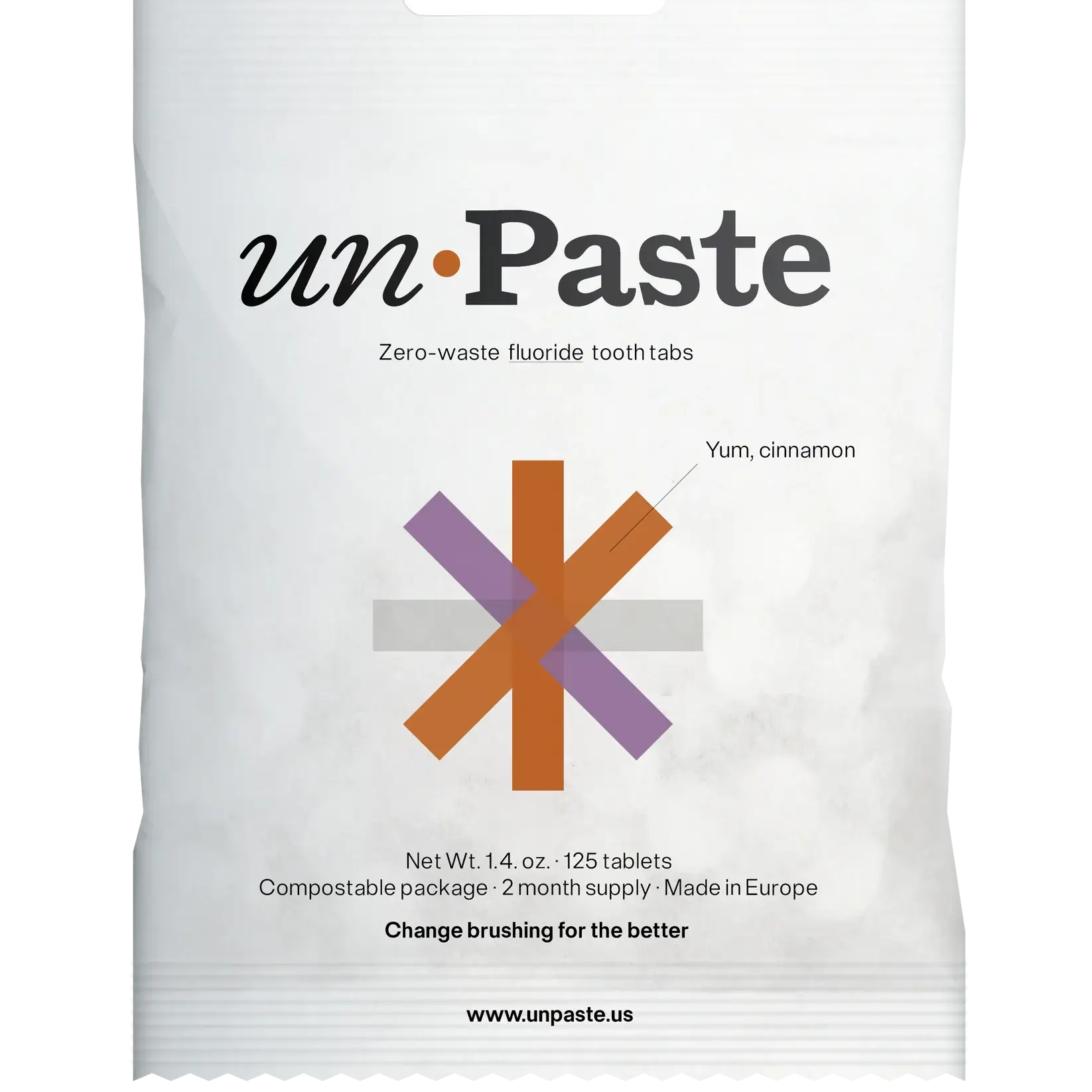 Packaging of Unpaste tooth tabs with a green and white color scheme and text indicating the product is zero waste, plastic free, and contains 125 tablets.