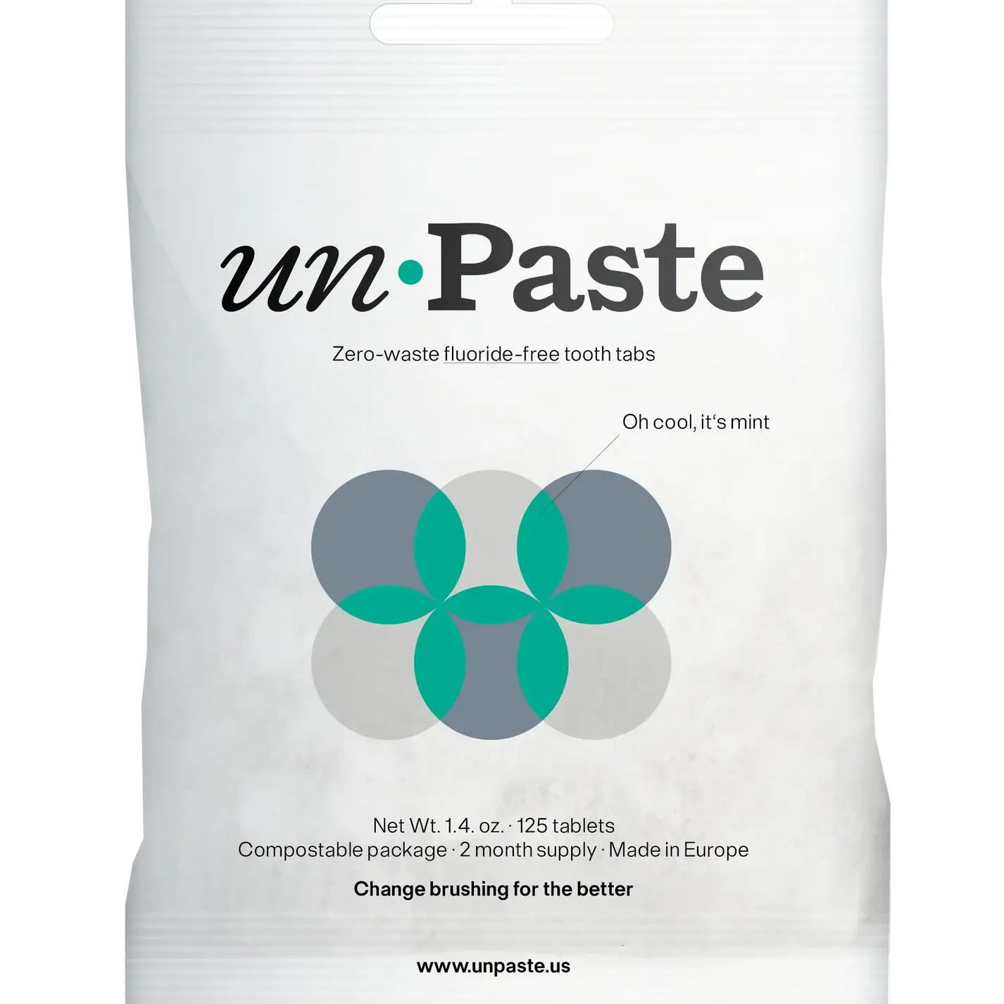 Packaging of Unpaste tooth tabs with a green and white color scheme and text indicating the product is zero waste, plastic free, and contains 125 tablets.
