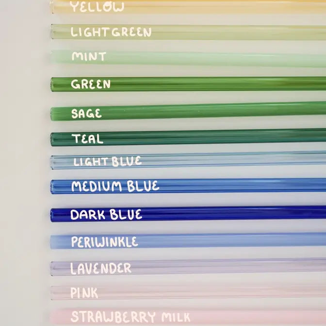 Color glass straws with labeled colors on a white background