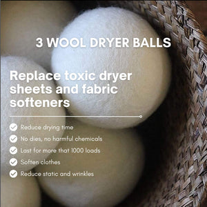 Wool dryer balls in a basket with text highlighting their benefits.