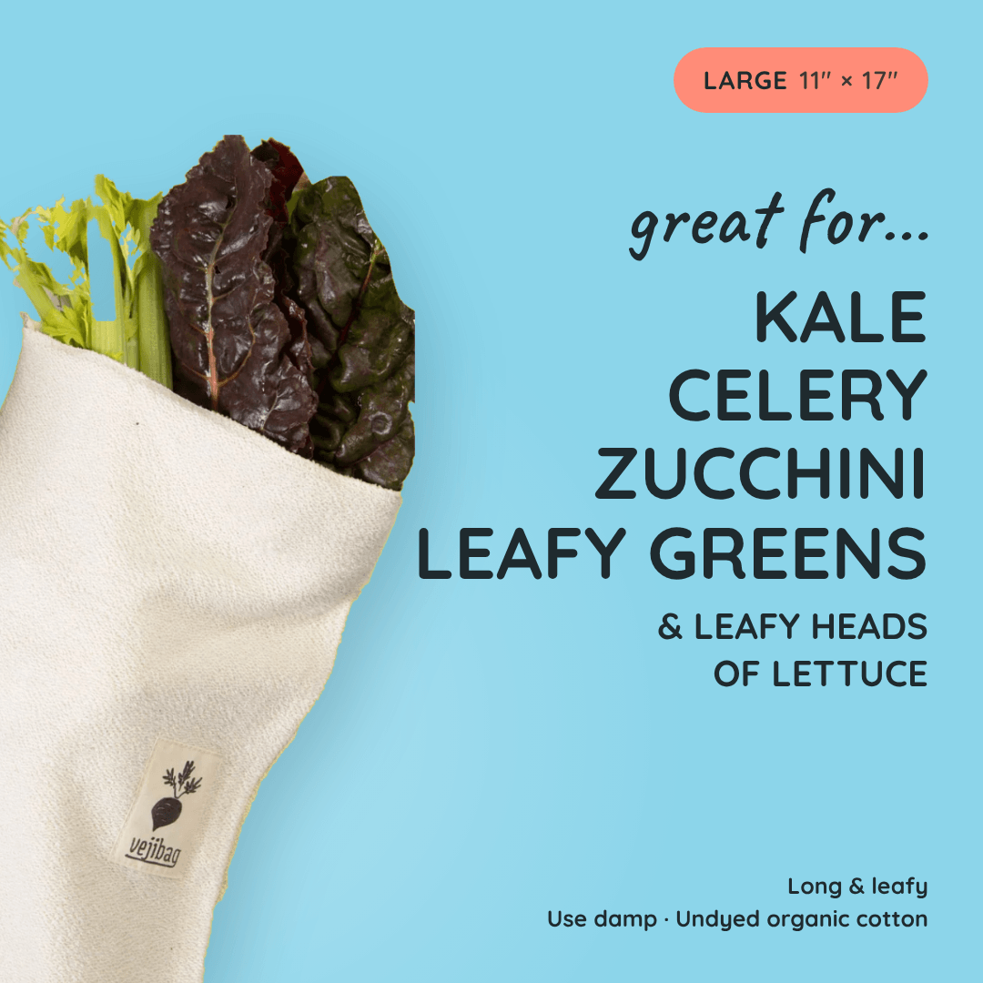 A large beige cotton produce bag filled with leafy greens, shown on a light blue background with text reading 'great for.