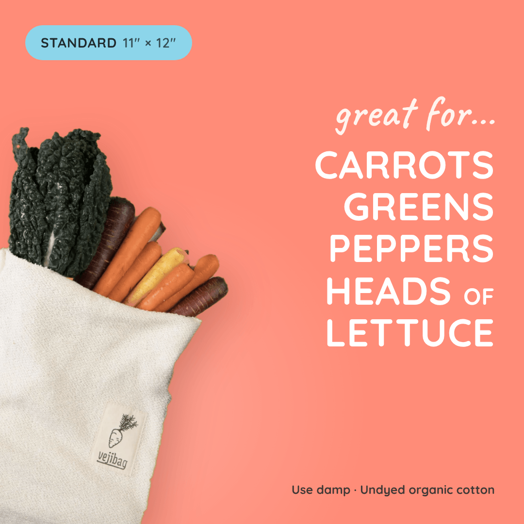 A white reusable fabric produce bag with a small embroidered Griluz logo, shown filled with vegetables on a coral pink background with text reading 'great for.
