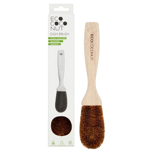 Packaging and product display of a EcoCoconut dish brush with a wooden handle and brown bristles made from coconut husk, presented in a clear plastic packaging.